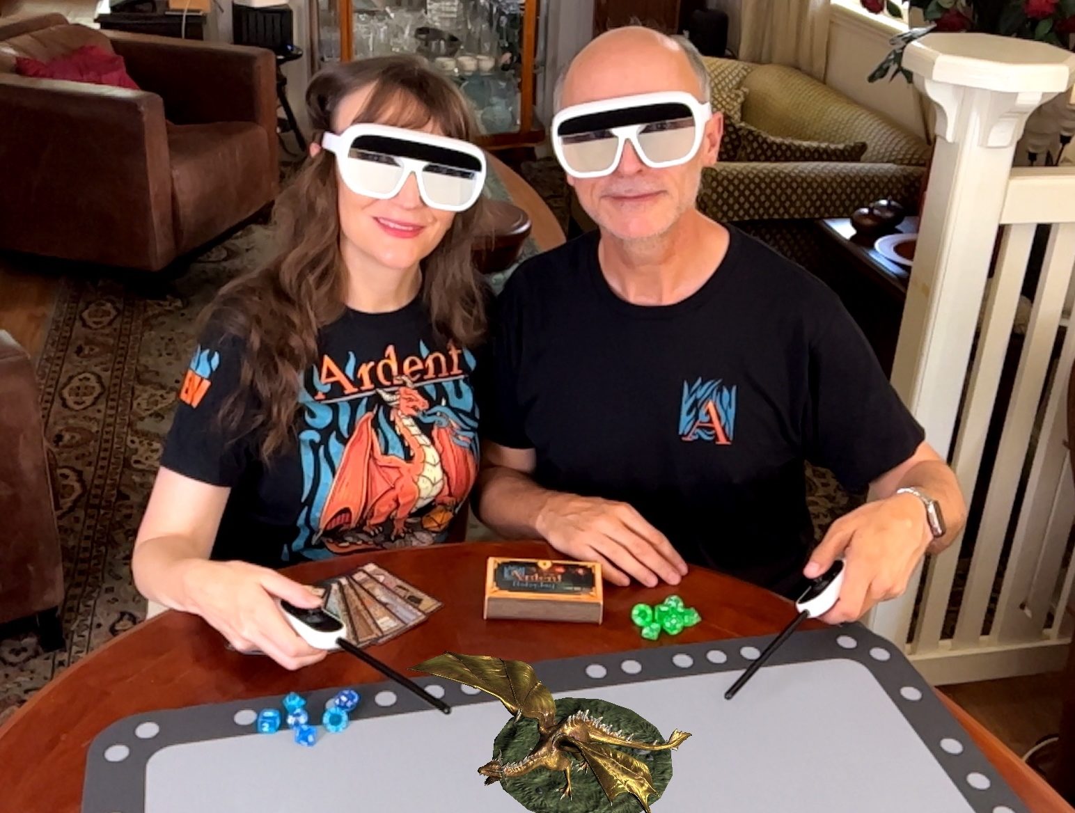 Ardacious founders Dr Erin Evans and Dr Ralf Muhlberger demonstrating Ardent Roleplay on the Tilt Five augmented reality headset.
